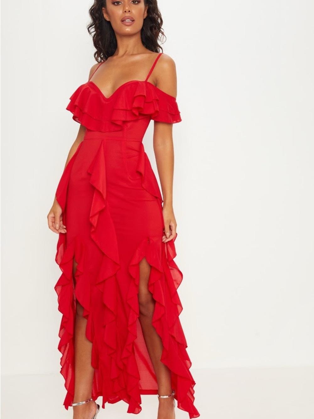 PLT Red Cold Shoulder Ruffle Detail Maxi Dress